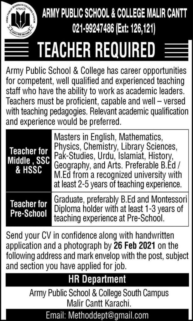 Army Public School Jobs Karachi